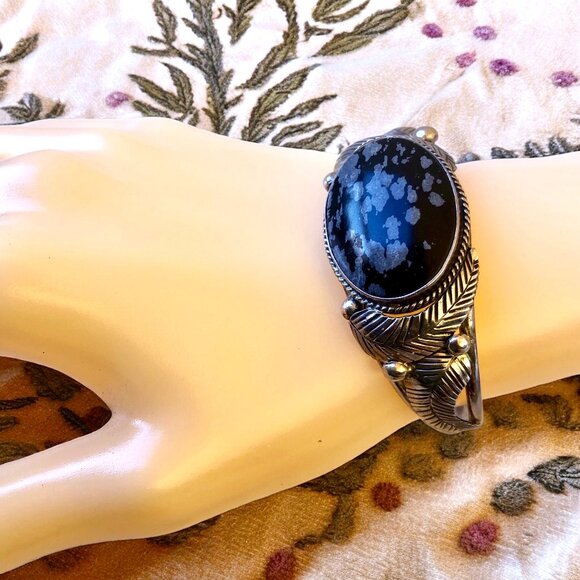 Native American Snowflake Obsidian Sterling Silver Cuff Bracelet Signed L Pina - Picture 2 of 13